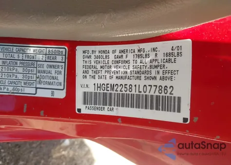 2001 Honda Civic Lx из США, поврежденный, VIN 1HGEM22581L077862